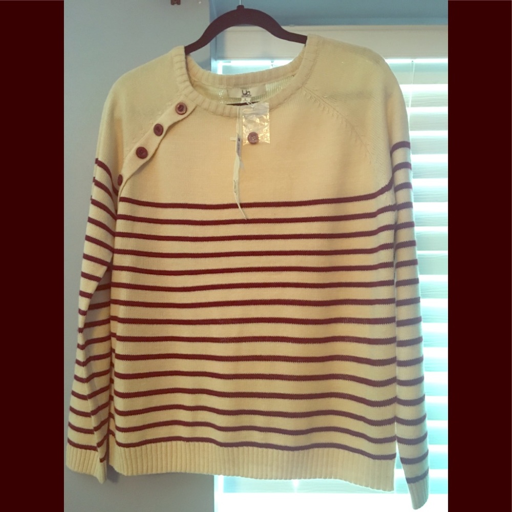 Cream & Maroon Striped Sweater with Button Accent